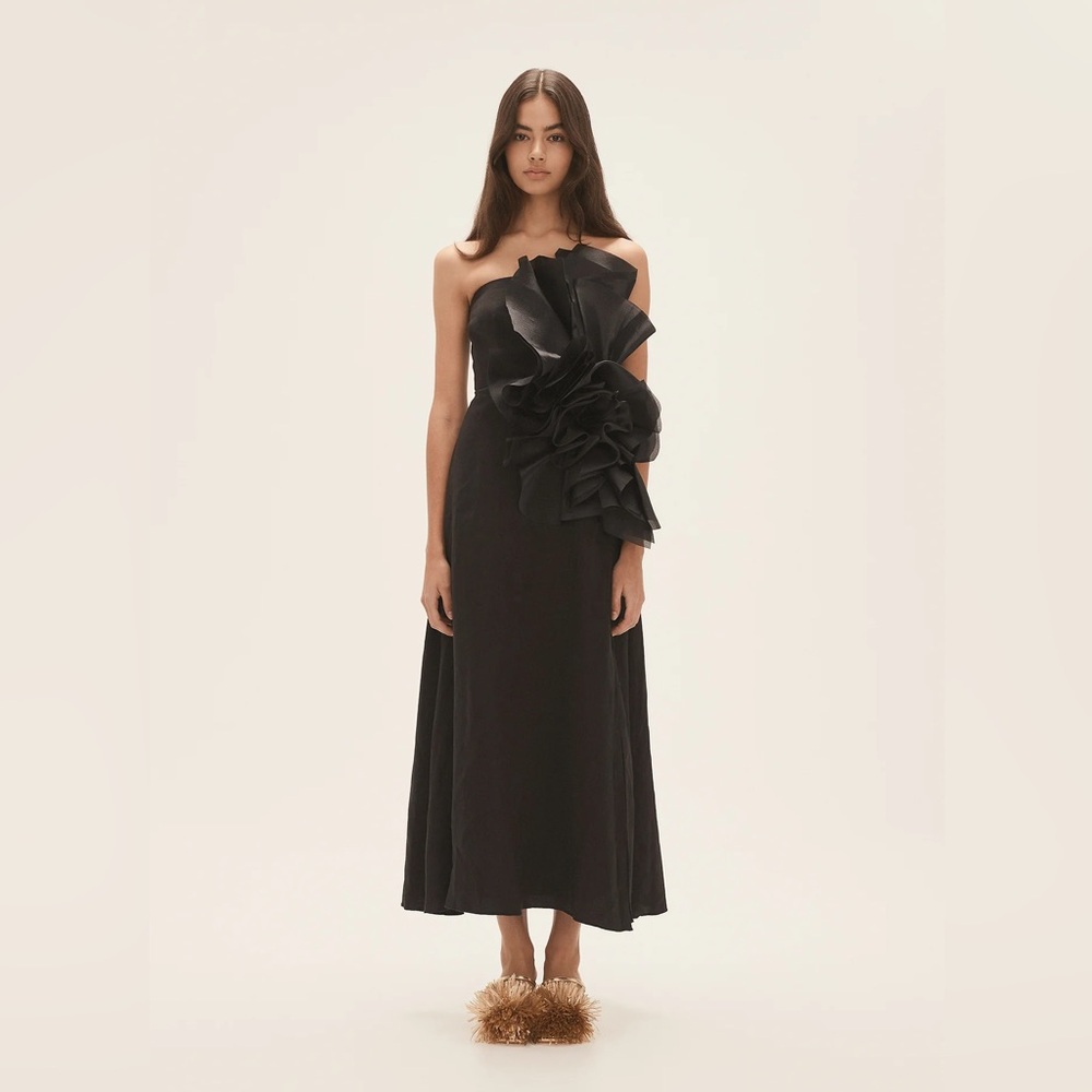 Aje Energy Organza Linen Strapless Black Midi Dress